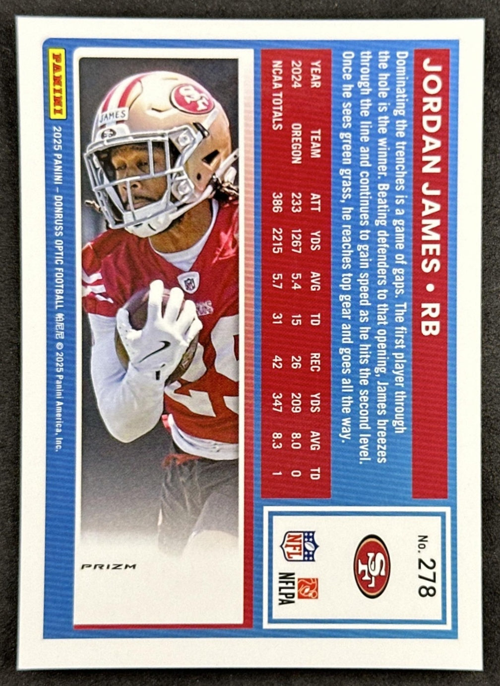 Jordan James 2025 Panini Donruss Optic Rated Rookie Blue Hyper Prizm 49ers back sports trading card