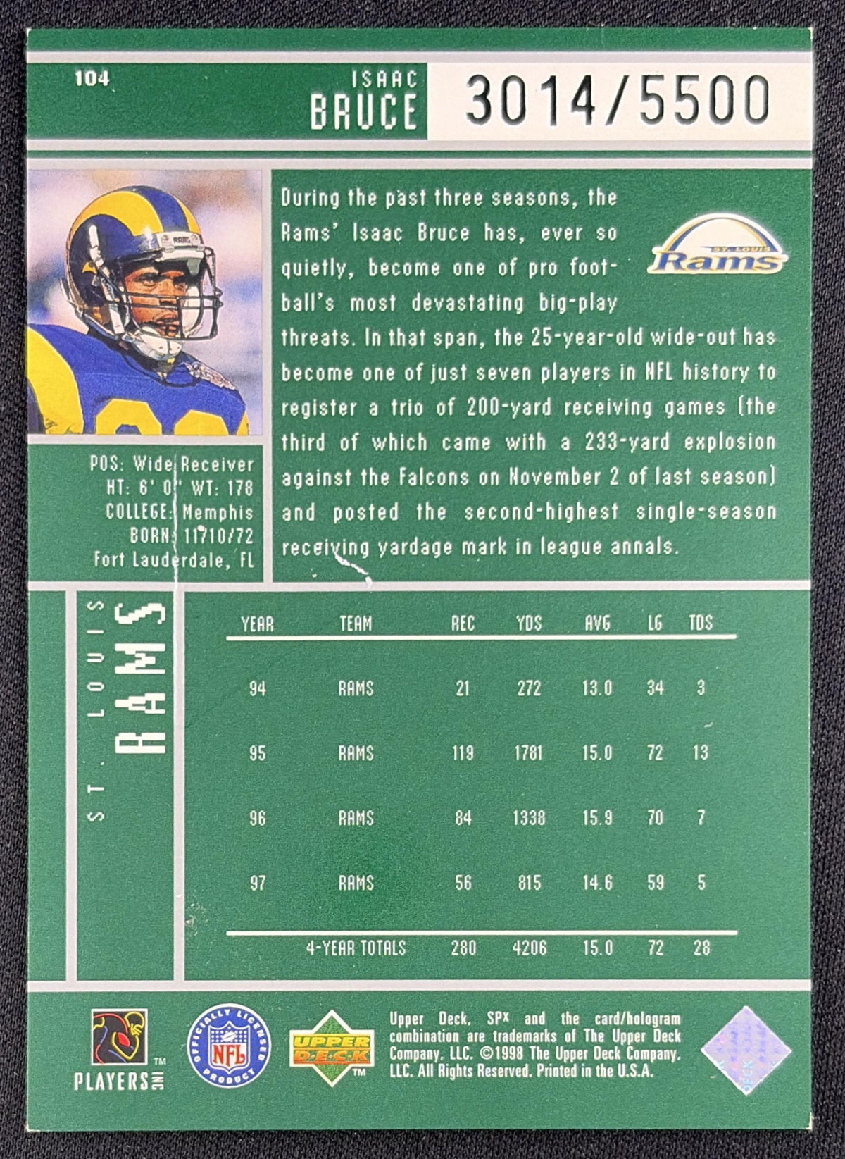 Isaac Bruce 1998 SPx Finite /5500 Rams