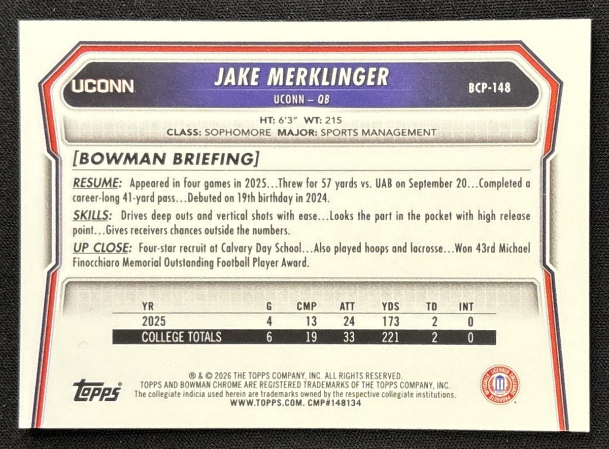 Jake Merklinger 2026 Bowman Chrome Prospects Mojo Refractor Huskies
