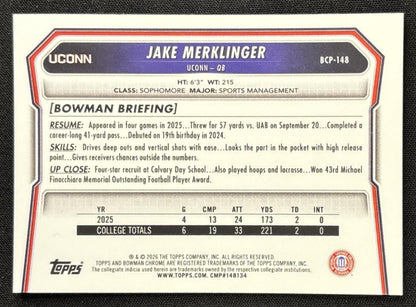 Jake Merklinger 2026 Bowman Chrome Prospects Mojo Refractor Huskies