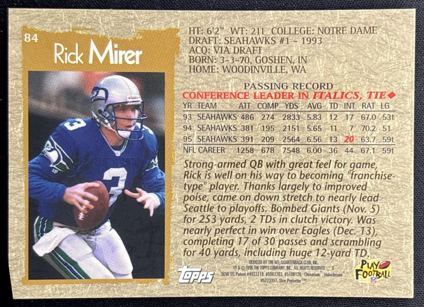 Rick Mirer 1996 Topps Chrome Seahawks Sports Trading Cards