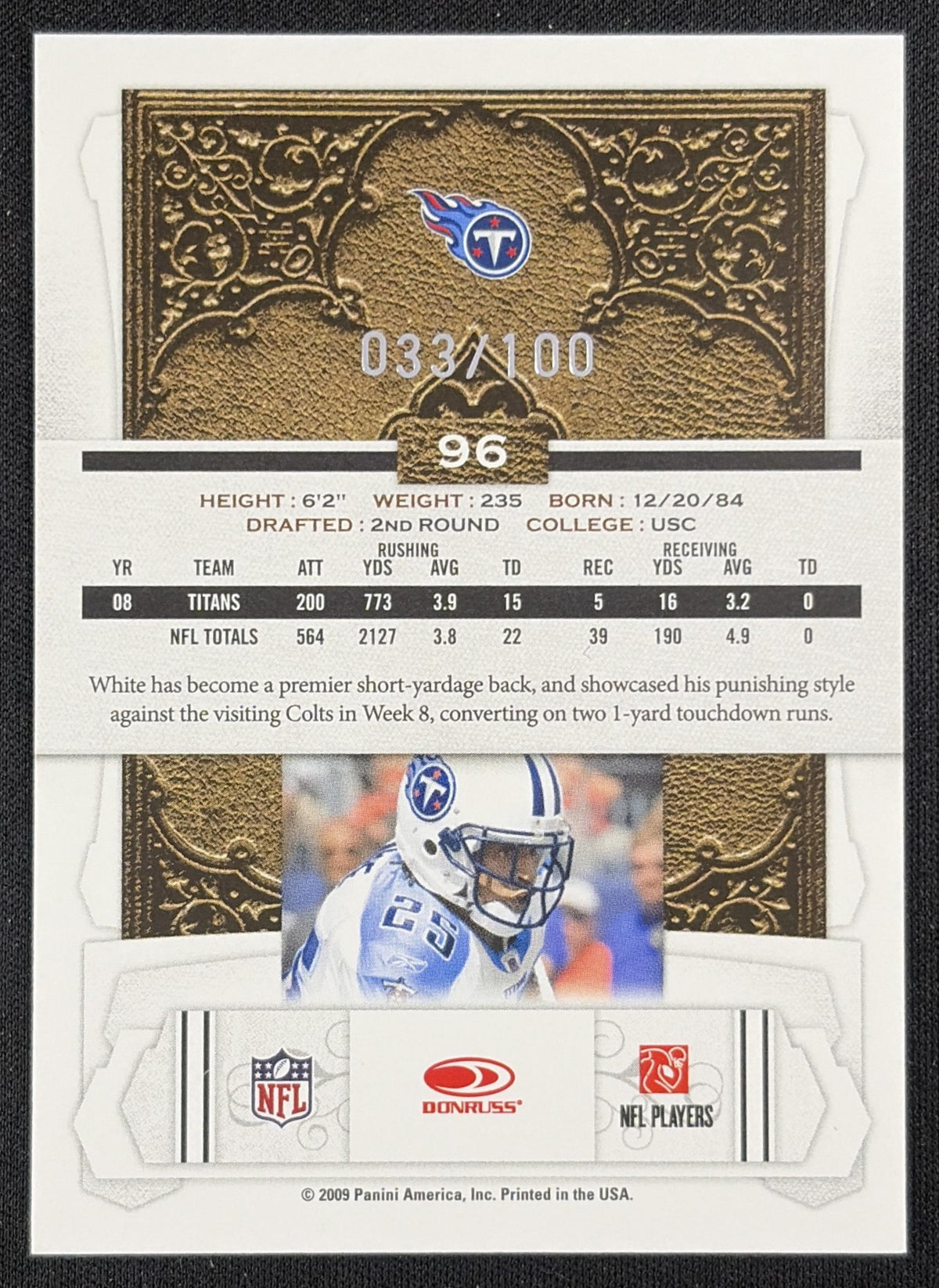 LenDale White 2008 Donruss Classics Timeless Tributes Silver /100 Tennessee Titans