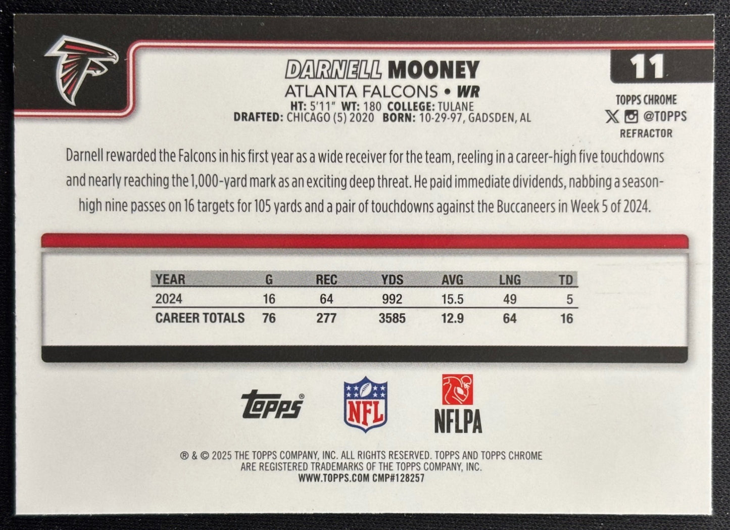 Darnell Mooney 2025 Topps Chrome Refractor Falcons Sports Trading Cards