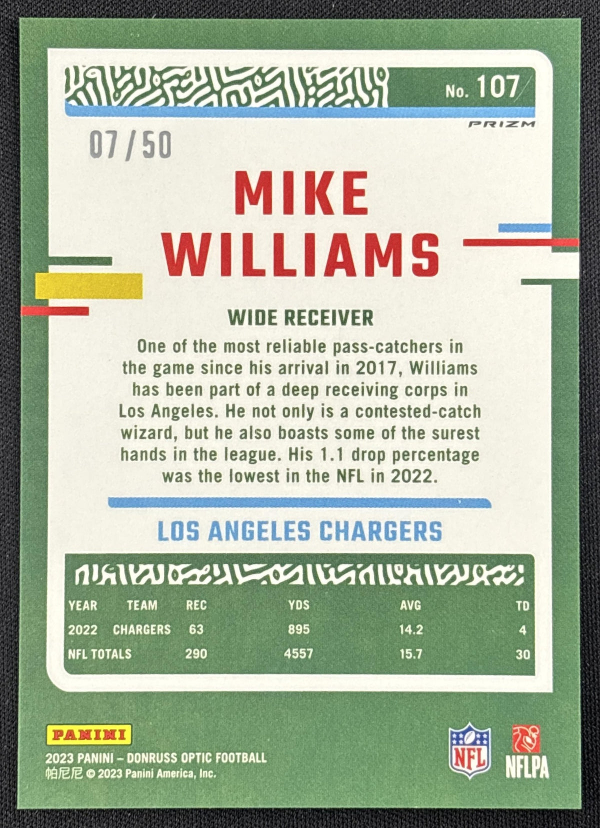 Mike Williams 2023 Panini Donruss Optic Purple Prizm /50 Chargers