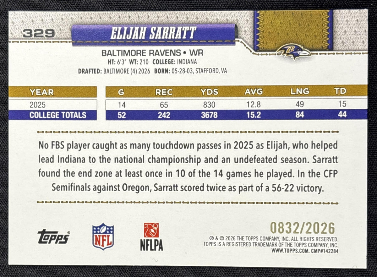 Elijah Sarratt 2026 Topps Gold /2026 Ravens