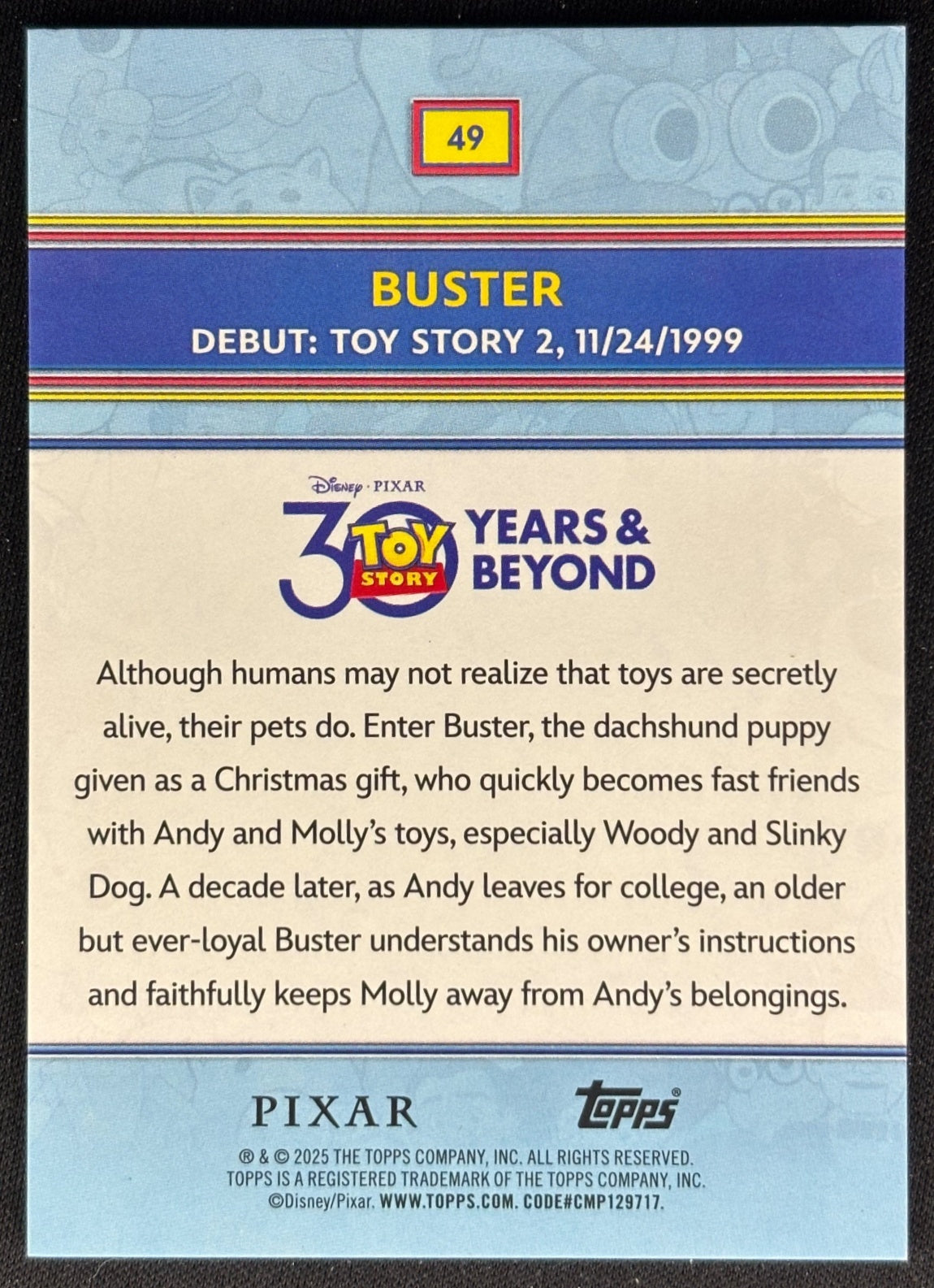 Buster 2025 Topps Pixar Crystal 30 Years of Toy Story Purple Foil /75 2 Non-Sports Trading Cards
