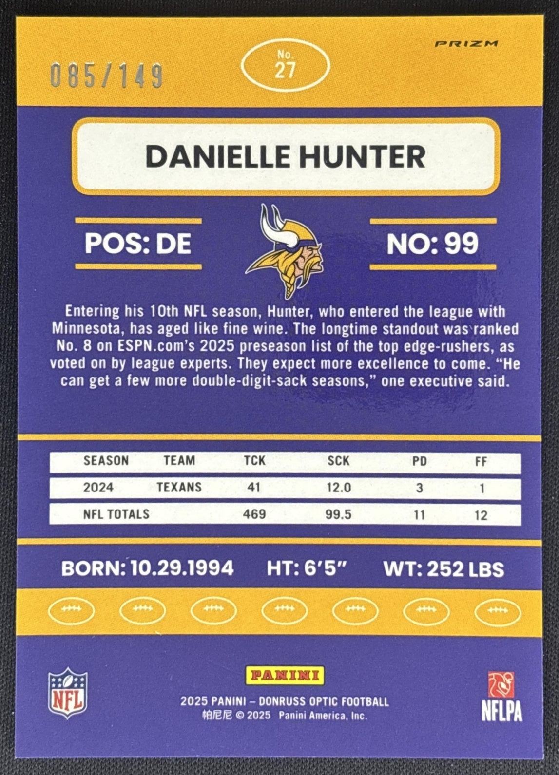 Danielle Hunter 2025 Donruss Optic 2015 Retro Black Pandora Prizm /149 Vikings back