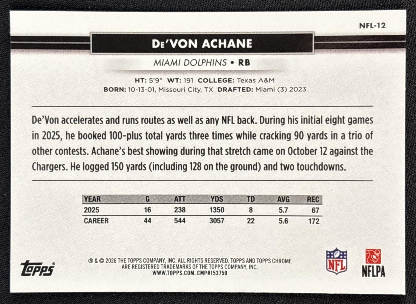 De'Von Achane 2026 Topps NSCC Collection NFL Dolphins Sports Trading Cards