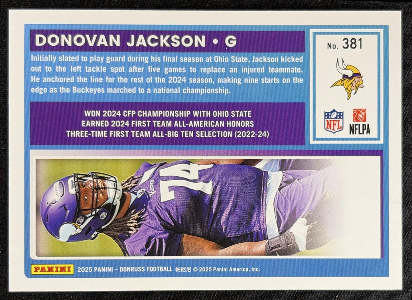 Donovan Jackson 2025 Panini Donruss Rated Rookie Press Proof Silver /199 Vikings