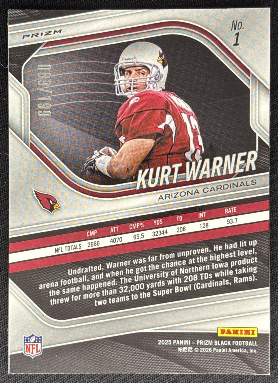 Kurt Warner 2025 Panini Prizm Black Blue /199 Cardinals Sports Trading Cards