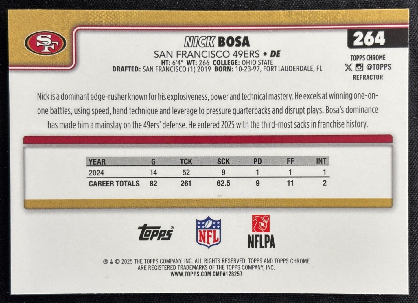 Nick Bosa 2025 Topps Chrome Refractor 49ers Sports Trading Cards