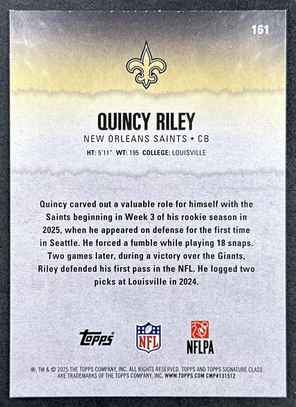 Quincy Riley 2025 Topps Signature Class Rookie Blue & Yellow Foil Saints back
