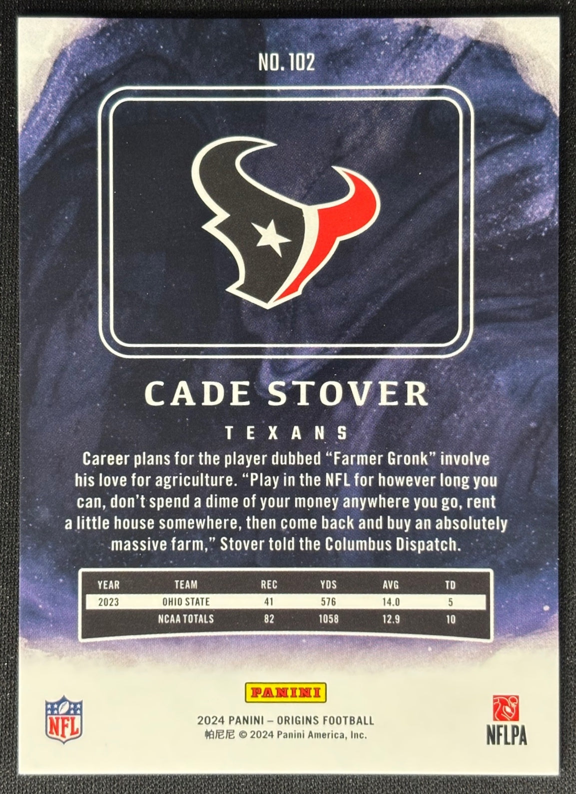 Cade Stover 2024 Origins Rookies Blue /99 Texans - Back