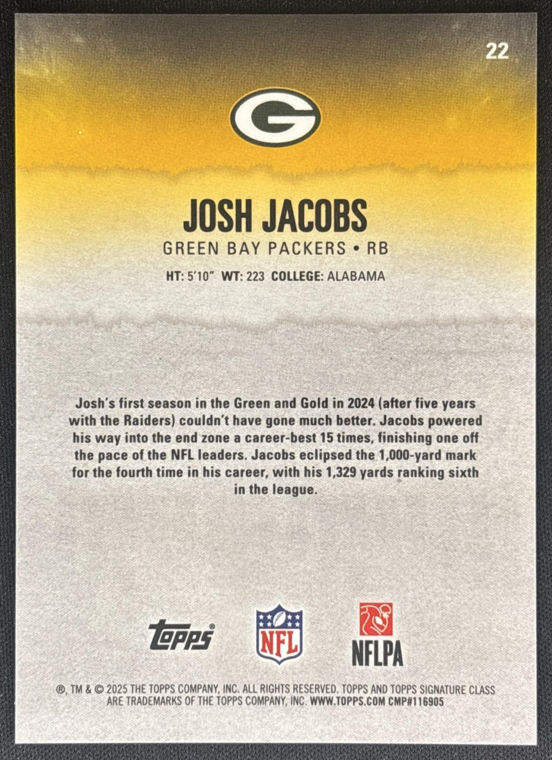 Josh Jacobs 2025 Signature Class Chrome Veteran Lime Green Refractor /175 Packers back