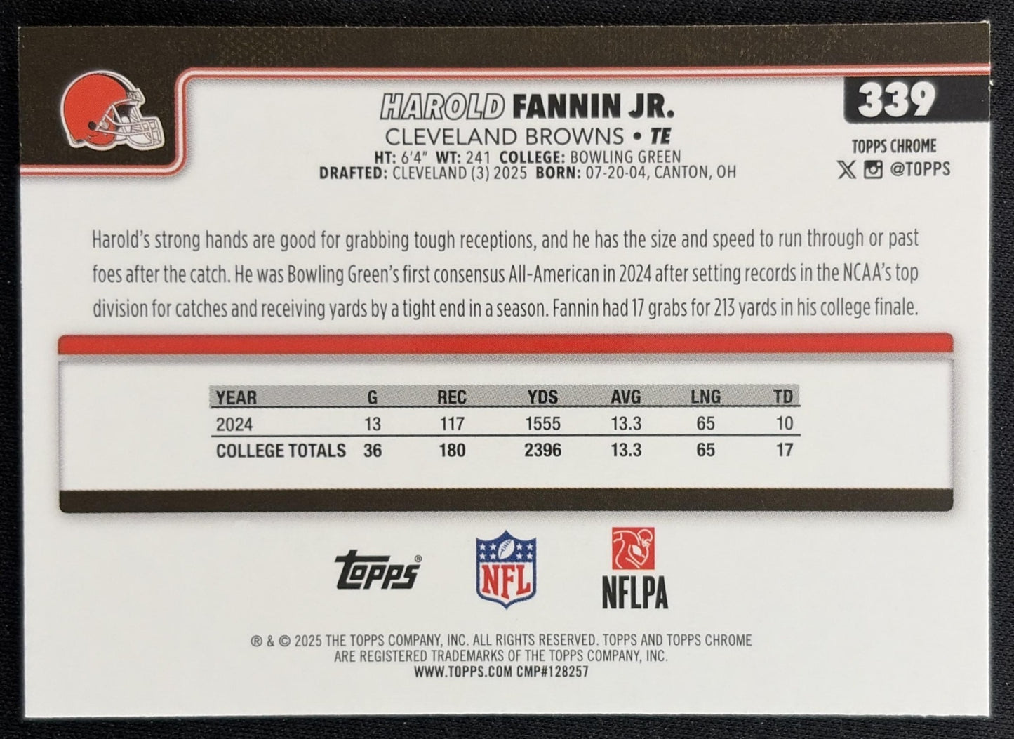 Harold Fannin Jr. 2025 Topps Chrome Rookie Blue Refractor /150 Browns back