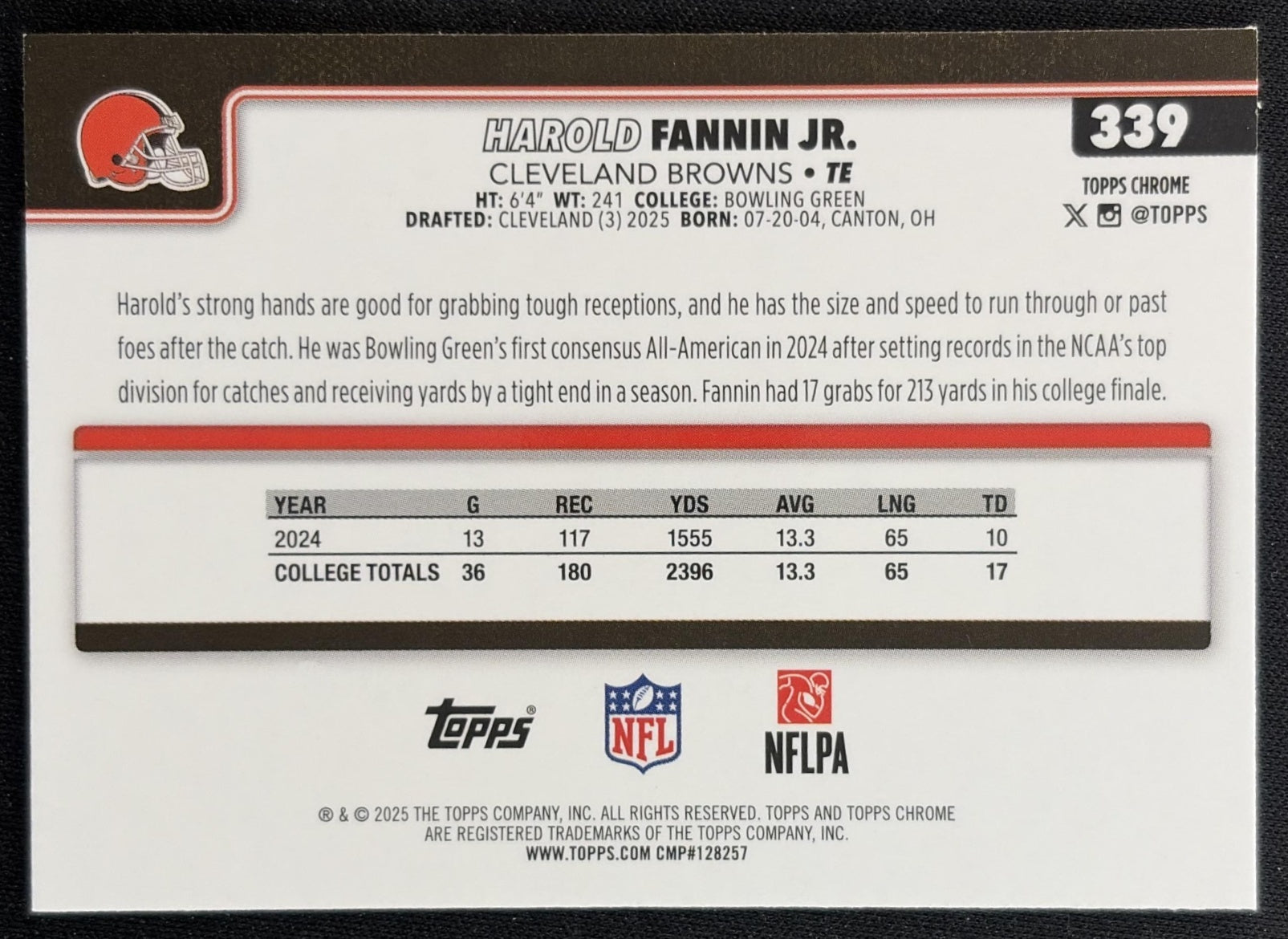 Harold Fannin Jr. 2025 Topps Chrome Rookie Blue Refractor /150 Browns back