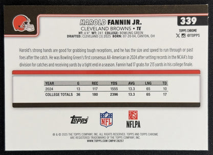 Harold Fannin Jr. 2025 Topps Chrome Rookie Blue Refractor /150 Browns back