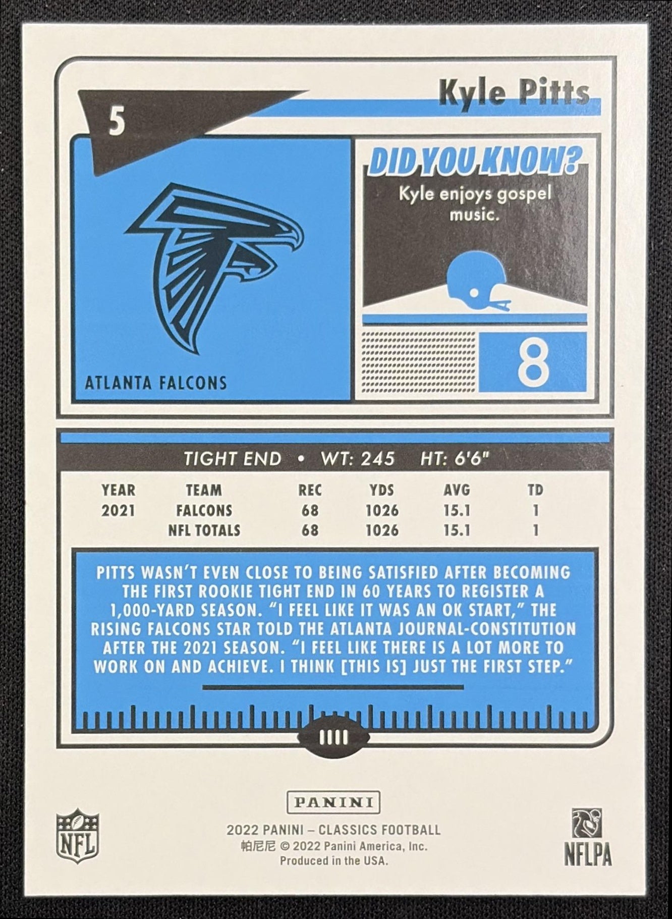Kyle Pitts 2021 Panini Classics Blue Back /75 Falcons back