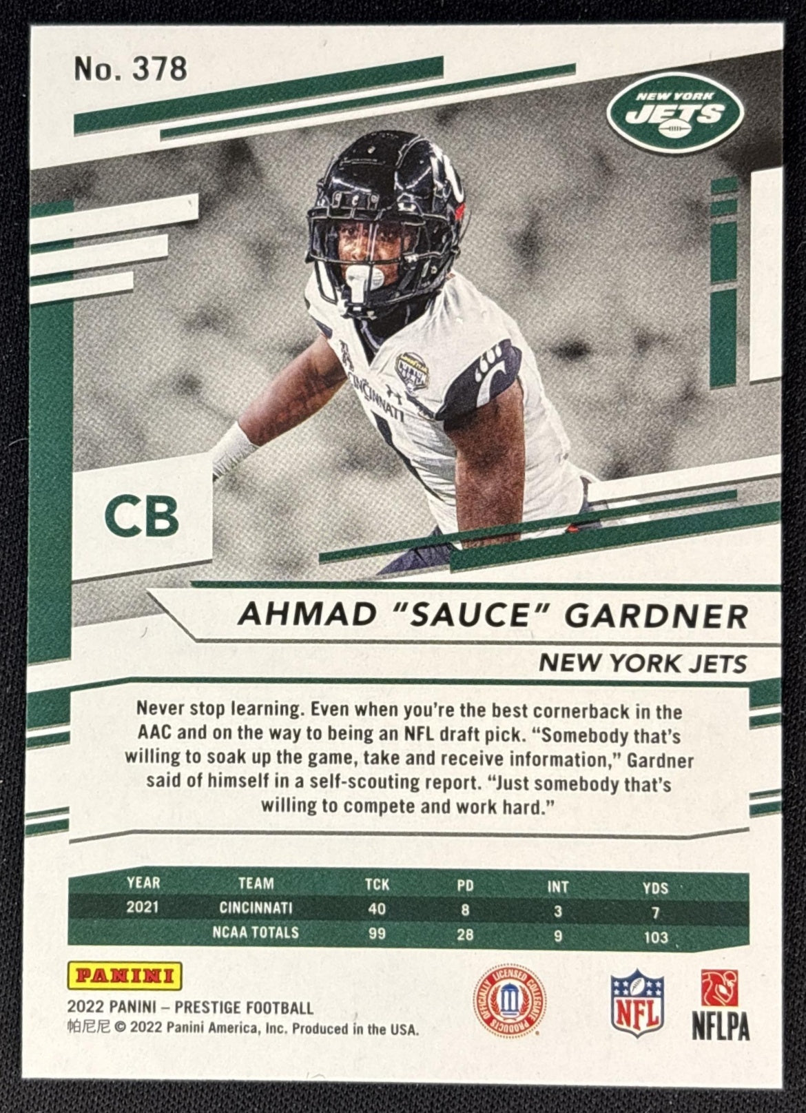Ahmad "Sauce" Gardner 2022 Panini Prestige Jets