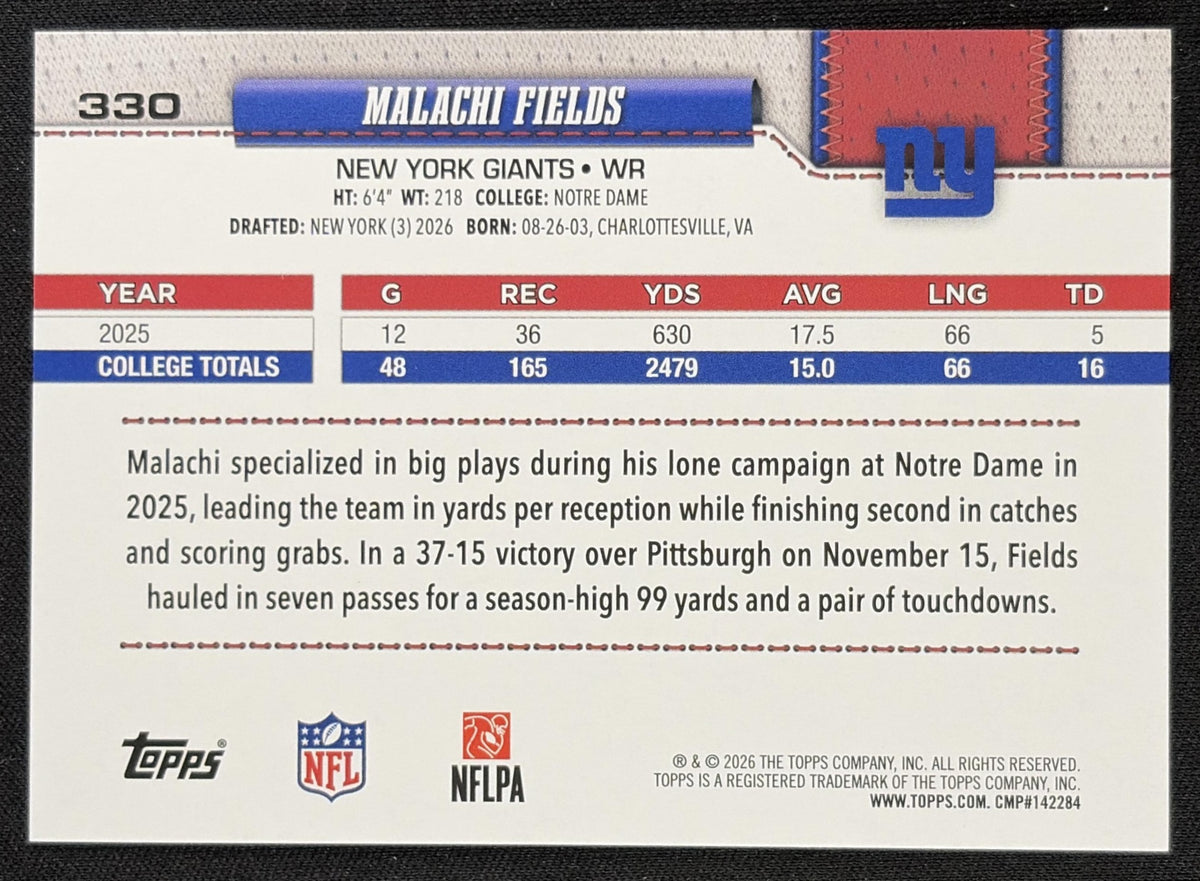 Malachi Fields 2026 Topps Flagship Crackle Giants