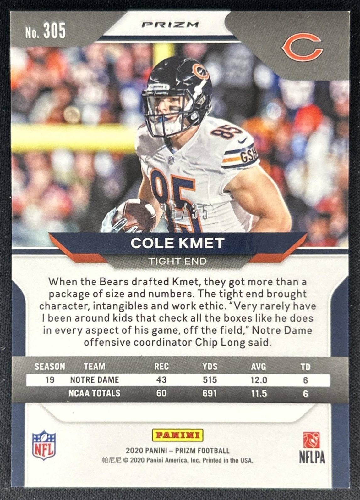 Cole Kmet 2020 Panini Prizm Red Shimmer /35 Bears back
