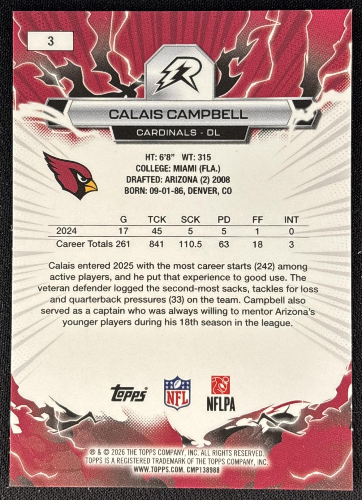 Calais Campbell 2025 Topps Resurgence Cardinals Arizona Cardinals back