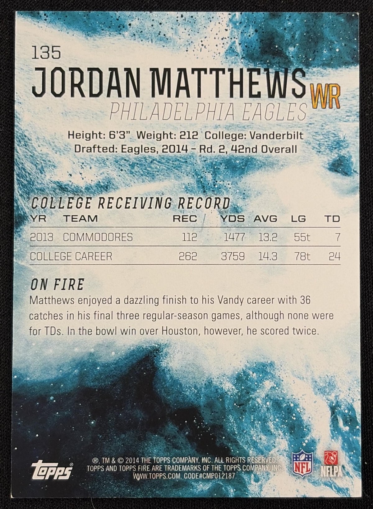 Jordan Matthews 2014 Topps Fire Blue /299 Eagles Sports Trading Card