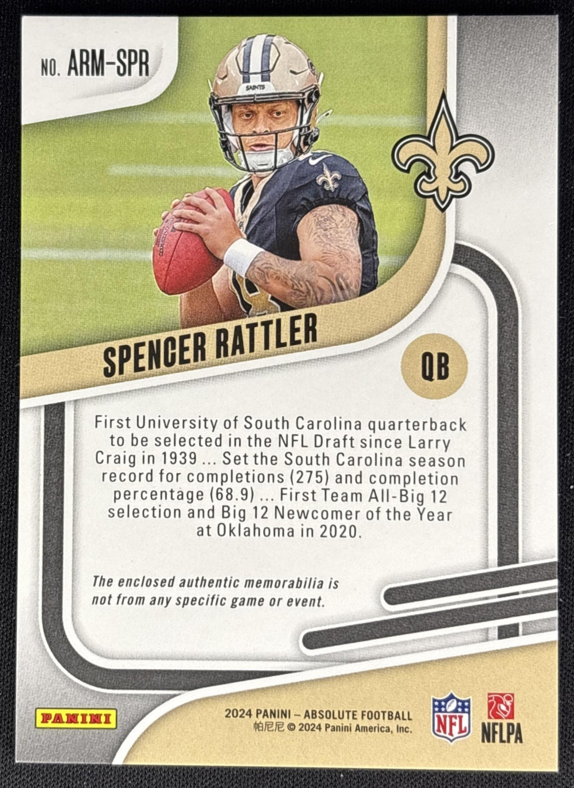 Spencer Rattler 2024 Panini Absolute Rookie Materials Saints back