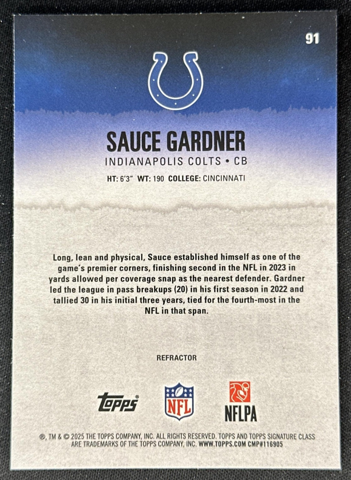 Sauce Gardner 2025 Topps Signature Class Chrome Veteran White Refractor Colts back