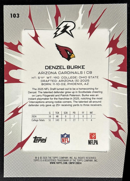 Denzel Burke 2025 Topps Resurgence Sky Blue and Pink Shock Refractor Cardinals back