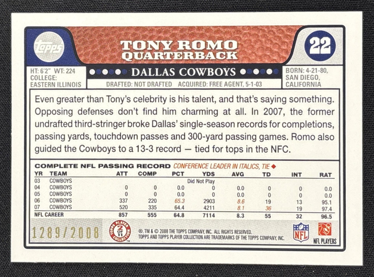Tony Romo 2008 Topps Gold /2008 Cowboys back