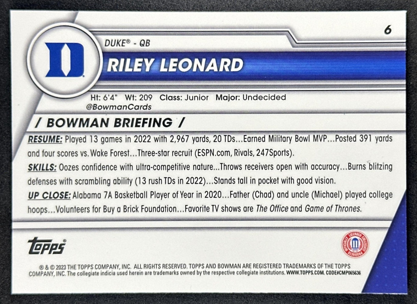 Riley Leonard 2023 Bowman University Chrome Purple Shimmer Refractor back