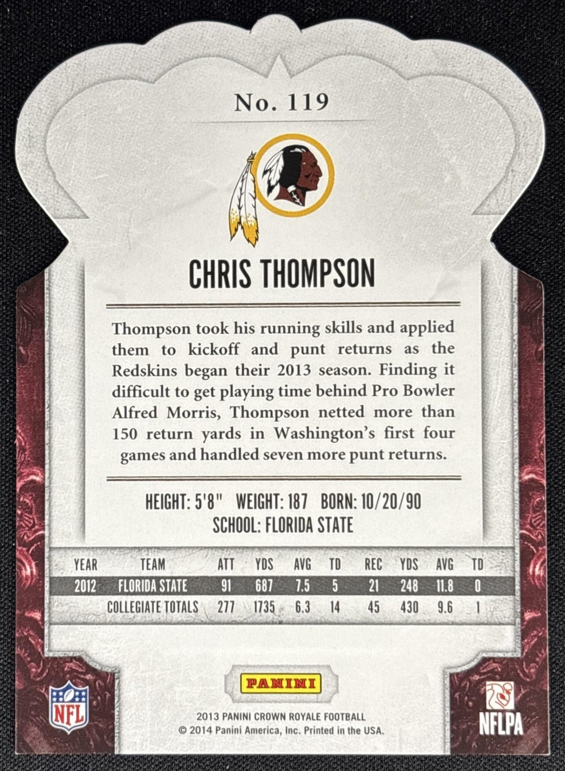 Chris Thompson 2013 Panini Crown Royale Bronze Holo Die Cut Crown/299 Redskins Washington Redskins Sports Trading Cards