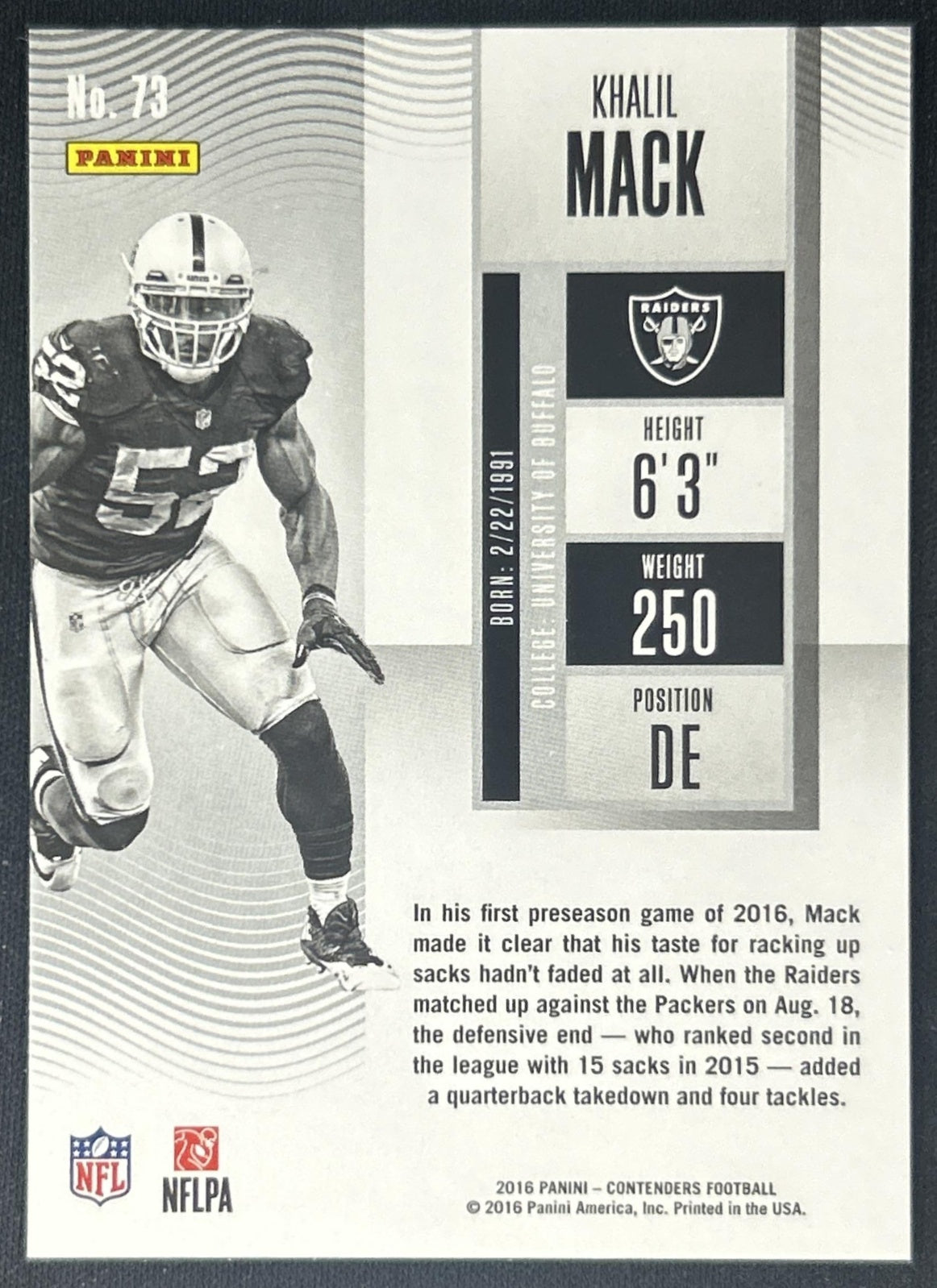 Khalil Mack 2016 Panini Contenders Championship Ticket /99 Raiders back