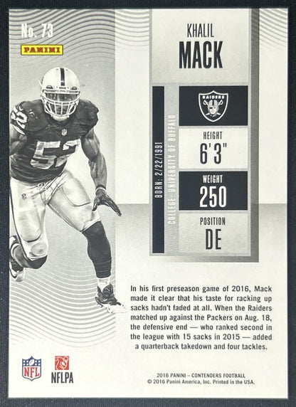 Khalil Mack 2016 Panini Contenders Championship Ticket /99 Raiders back