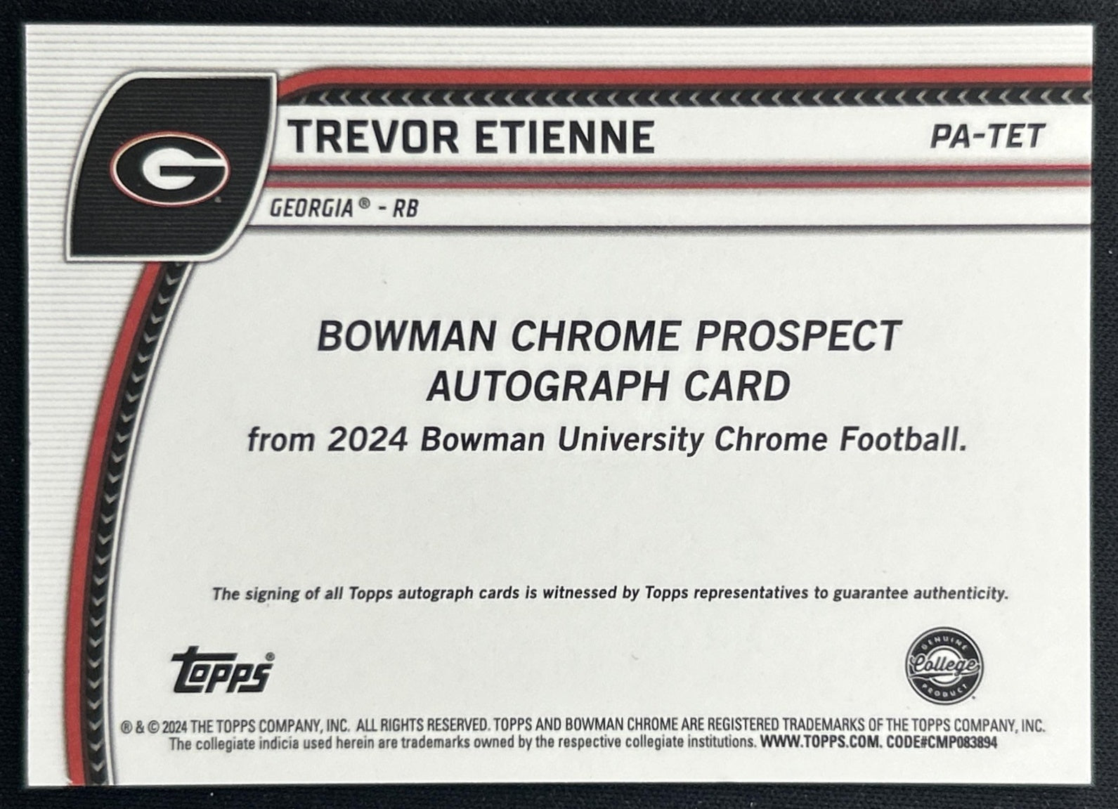 Trevor Etienne 2024 Bowman Chrome University Prospect Auto Bulldogs back