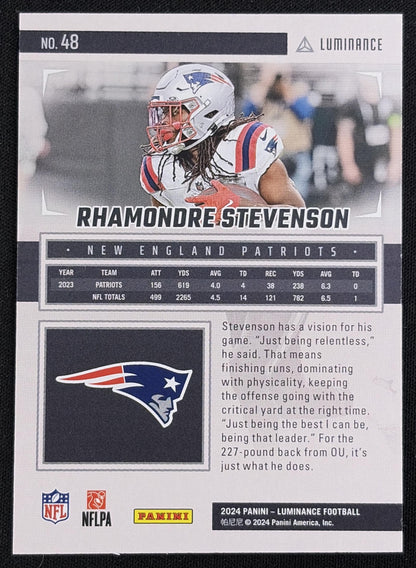 Back of Rhamondre Stevenson 2024 Panini Luminance Blue /150 Patriots sports trading card