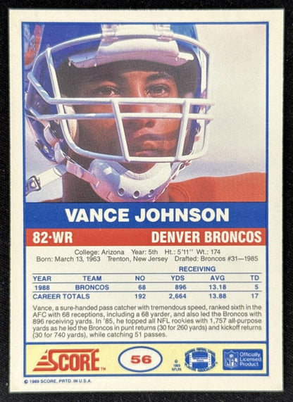 Vance Johnson 1989 Score Broncos Sports Trading Card