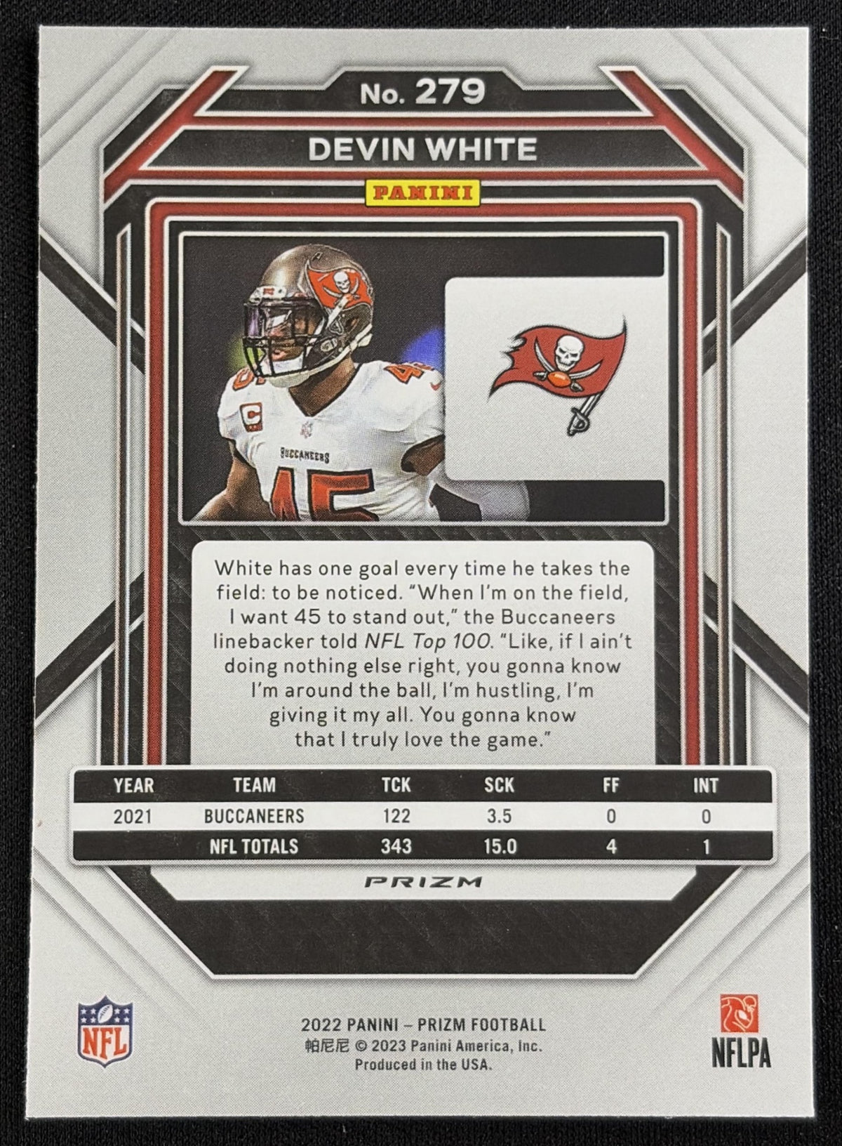 Devin White 2022 Panini Prizm Red Sparkle Buccaneers - Back