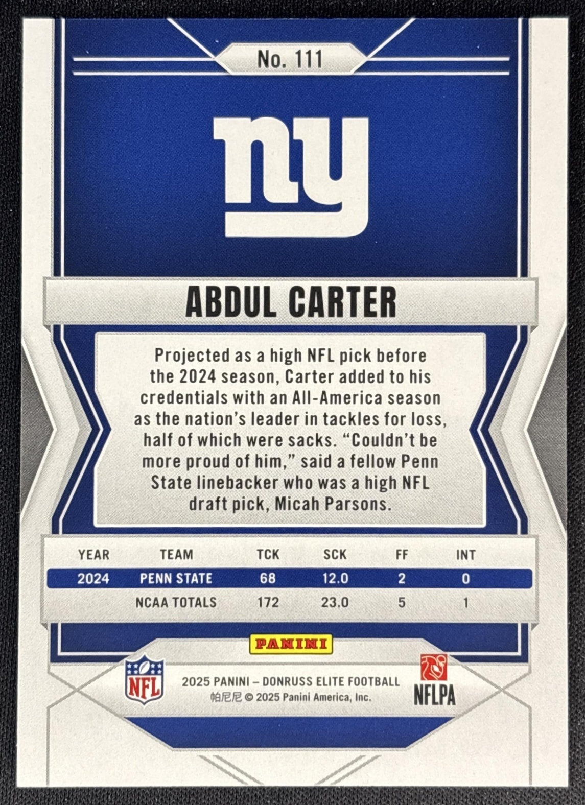 Abdul Carter 2025 Panini Donruss Elite Rookies /999 Giants back