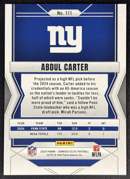Abdul Carter 2025 Panini Donruss Elite Rookies /999 Giants back