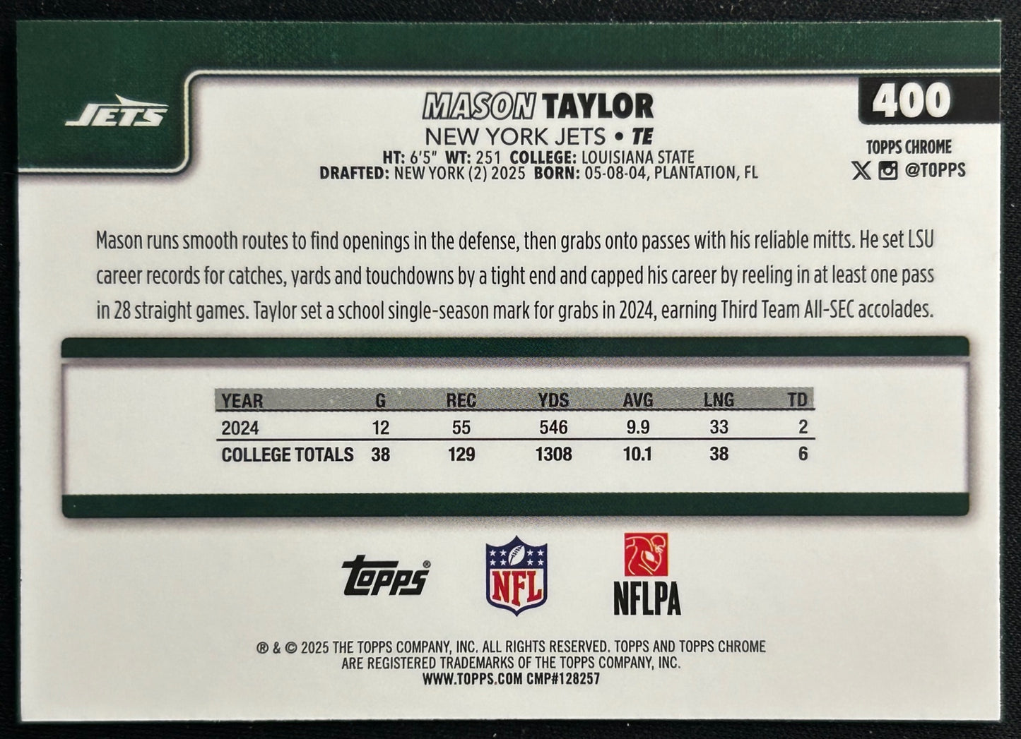Mason Taylor 2025 Topps Chrome Rookie Jets Sports Trading Cards