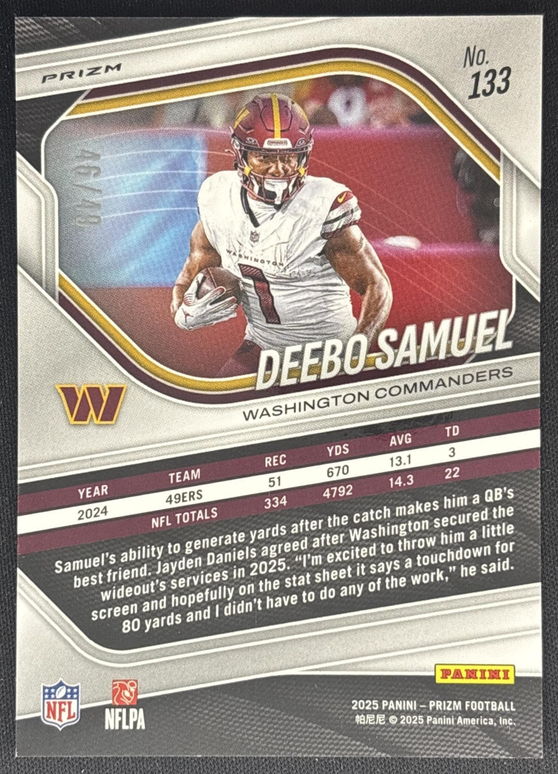 Deebo Samuel 2025 Panini Prizm Purple Power /49 Commanders back