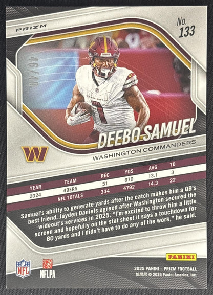 Deebo Samuel 2025 Panini Prizm Purple Power /49 Commanders back