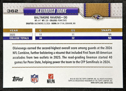 Olaivavega Ioane 2026 Topps Flagship Rookie Ravens Sports Trading Cards