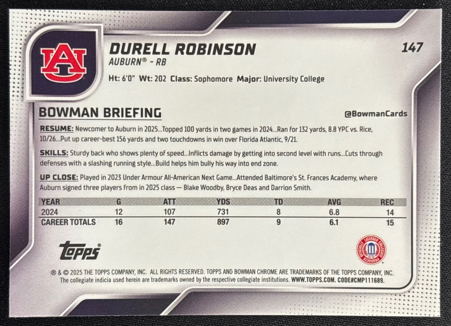 Durell Robinson 2025 Bowman Chrome University Sapphire Prospect Tigers Sports Trading Card