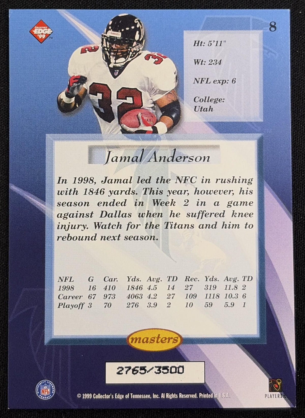 Jamal Anderson 1999 Collector's Edge Masters HoloSilver /3500 Falcons Sports Trading Card