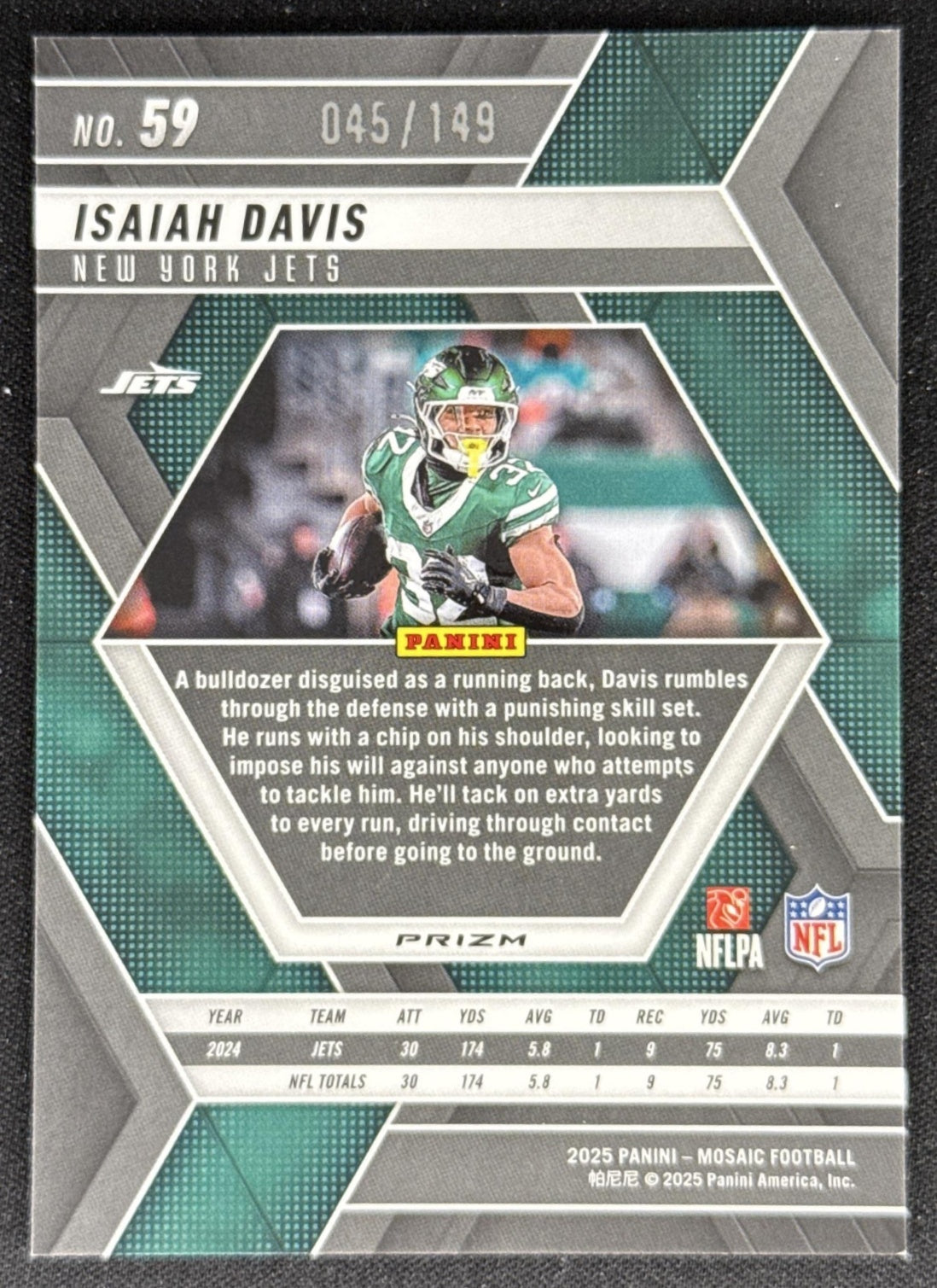 Isaiah Davis 2025 Panini Mosaic Silver Knight Prizm /149 Jets Sports Trading Card