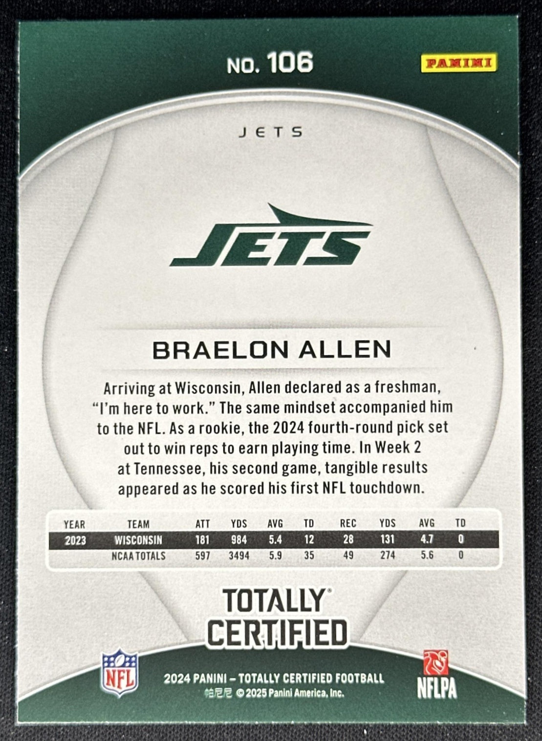 Braelon Allen 2024 Panini Totally Certified Rookies Marron Jets back