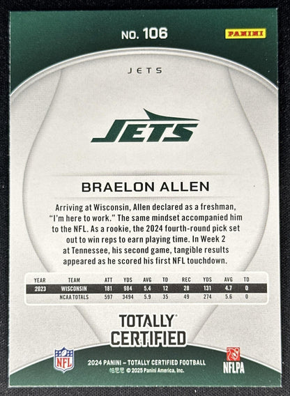 Braelon Allen 2024 Panini Totally Certified Rookies Marron Jets back